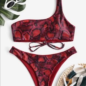 SHEIN Red Snakeskin One Shoulder Bikini Set Size Small